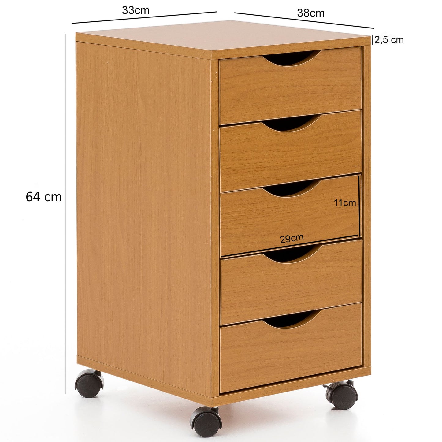 Rollcontainer WL5.924 33 mal 64 mal 38cm Buche MDF Holz Schreibtisch Container Rollschrank 5 Schubladen Moderner Schubladencontainer mit Rollen Standcontainer Buerocontainer Beistellcontainer