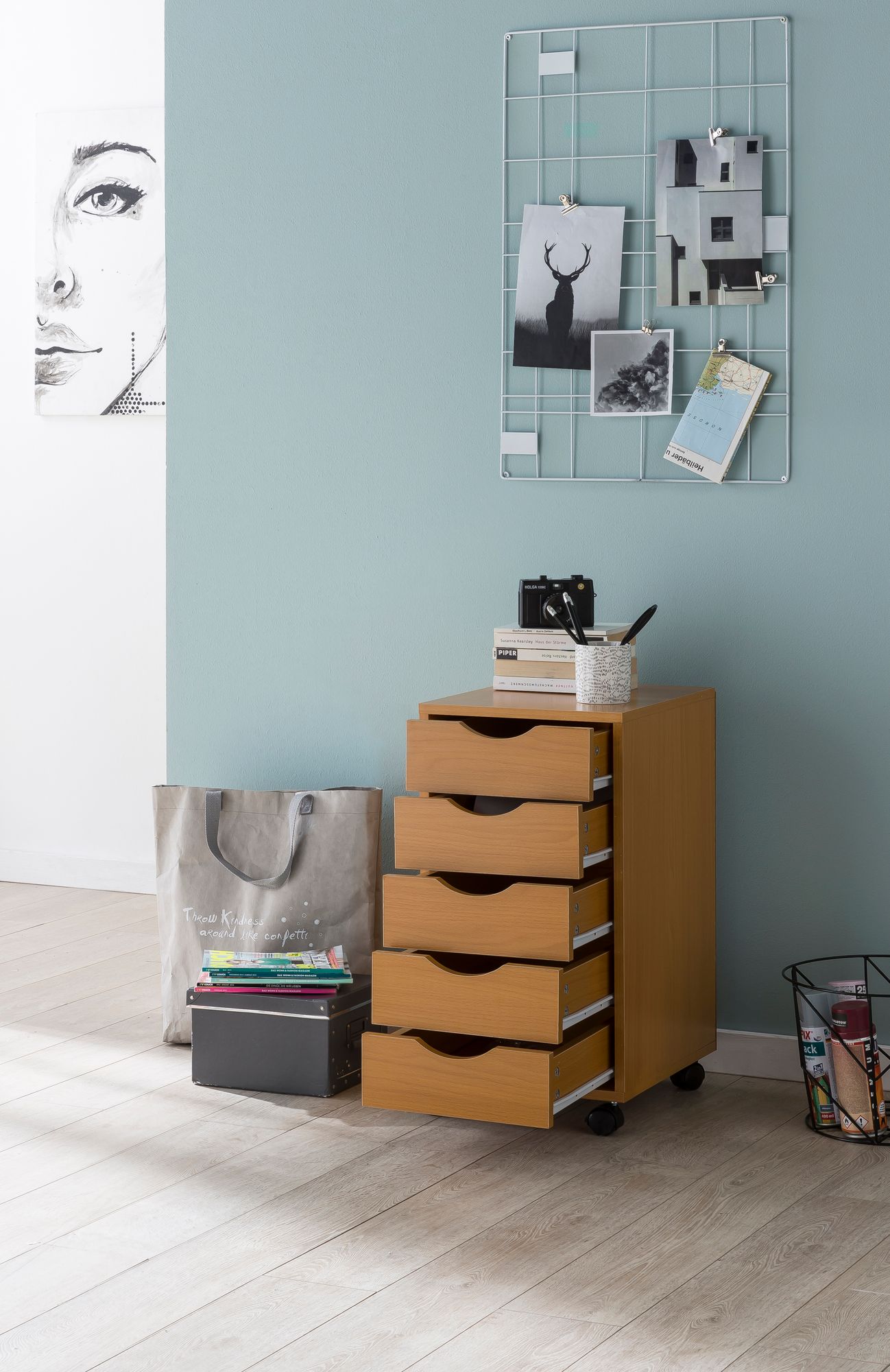Rollcontainer WL5.924 33 mal 64 mal 38cm Buche MDF Holz Schreibtisch Container Rollschrank 5 Schubladen Moderner Schubladencontainer mit Rollen Standcontainer Buerocontainer Beistellcontainer