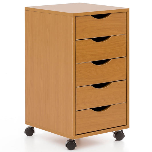 Rollcontainer WL5.924 33 mal 64 mal 38cm Buche MDF Holz Schreibtisch Container Rollschrank 5 Schubladen Moderner Schubladencontainer mit Rollen Standcontainer Buerocontainer Beistellcontainer