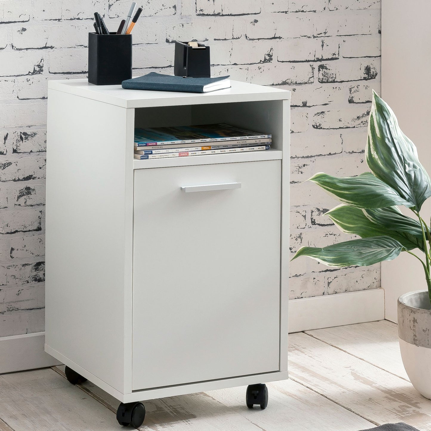 Rollcontainer Weiss 33 mal 60 mal 38cm Schubladenschrank Schreibtisch Container mit Tuer und Ablage Buerocontainer mit Rollen Kleiner Schubladencontainer