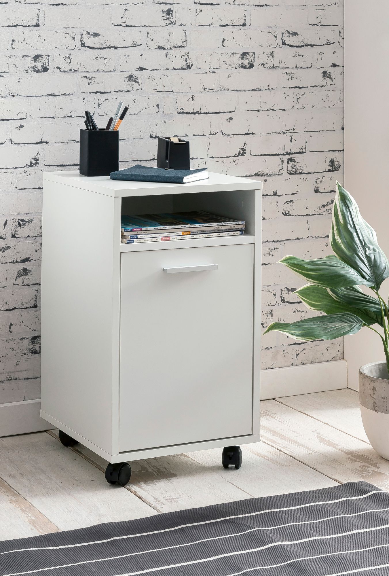 Rollcontainer Weiss 33 mal 60 mal 38cm Schubladenschrank Schreibtisch Container mit Tuer und Ablage Buerocontainer mit Rollen Kleiner Schubladencontainer