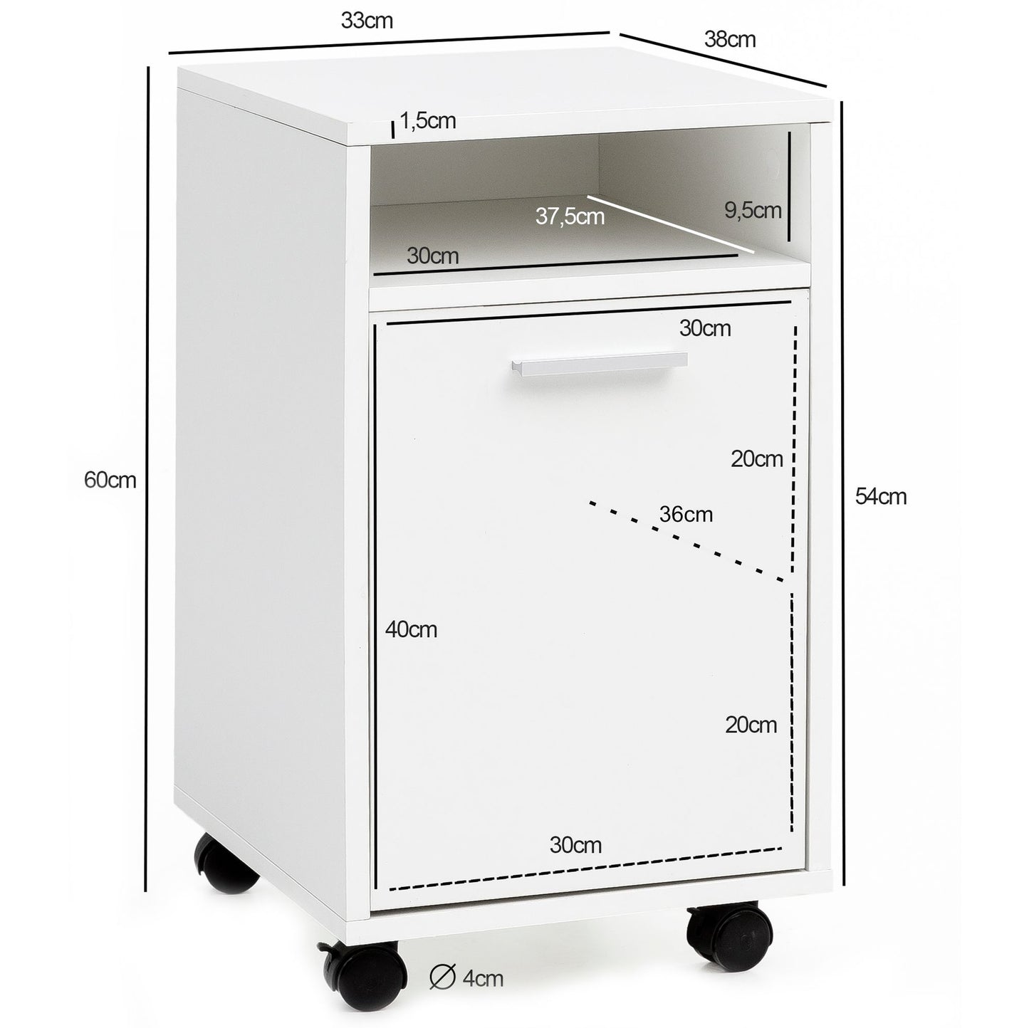 Rollcontainer Weiss 33 mal 60 mal 38cm Schubladenschrank Schreibtisch Container mit Tuer und Ablage Buerocontainer mit Rollen Kleiner Schubladencontainer
