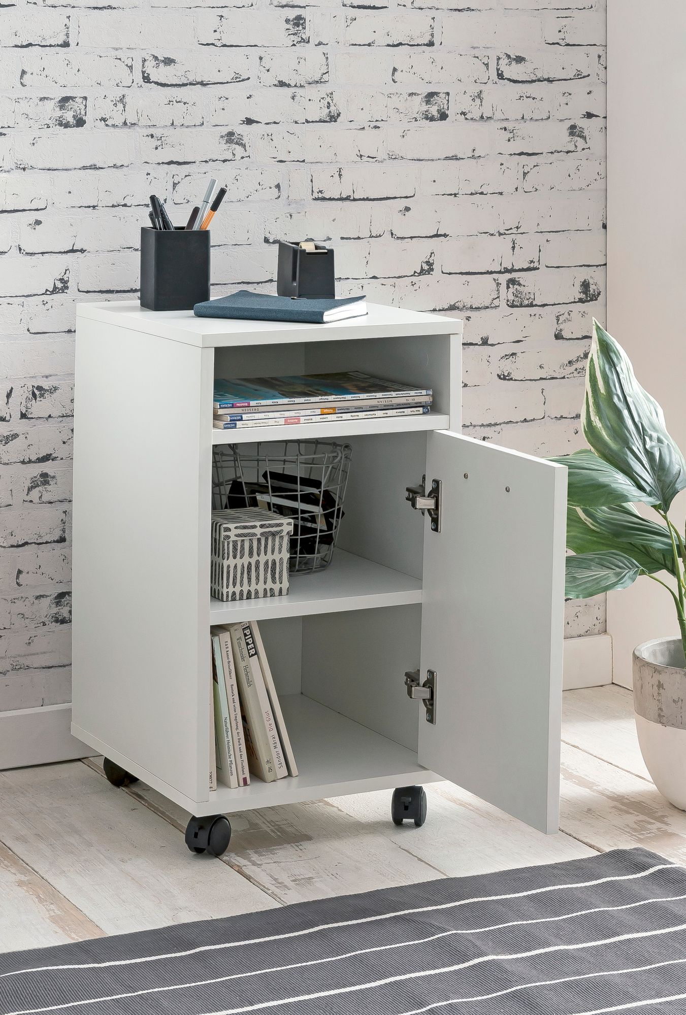 Rollcontainer Weiss 33 mal 60 mal 38cm Schubladenschrank Schreibtisch Container mit Tuer und Ablage Buerocontainer mit Rollen Kleiner Schubladencontainer