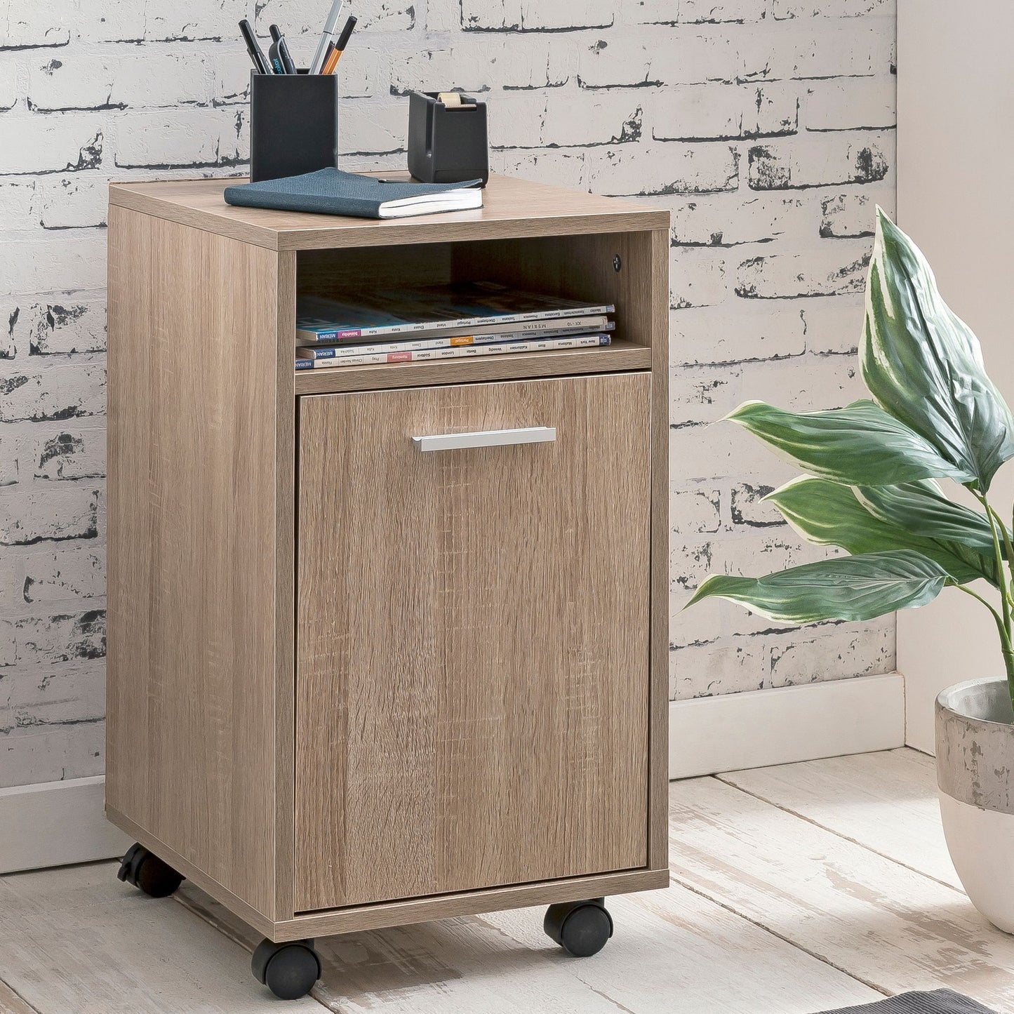 Rollcontainer Sonoma 33 mal 60 mal 38cm Schubladenschrank Buero Schreibtischcontainer mit Tuer und Ablage Buerocontainer mit Rollen Kleiner Schubladencontainer