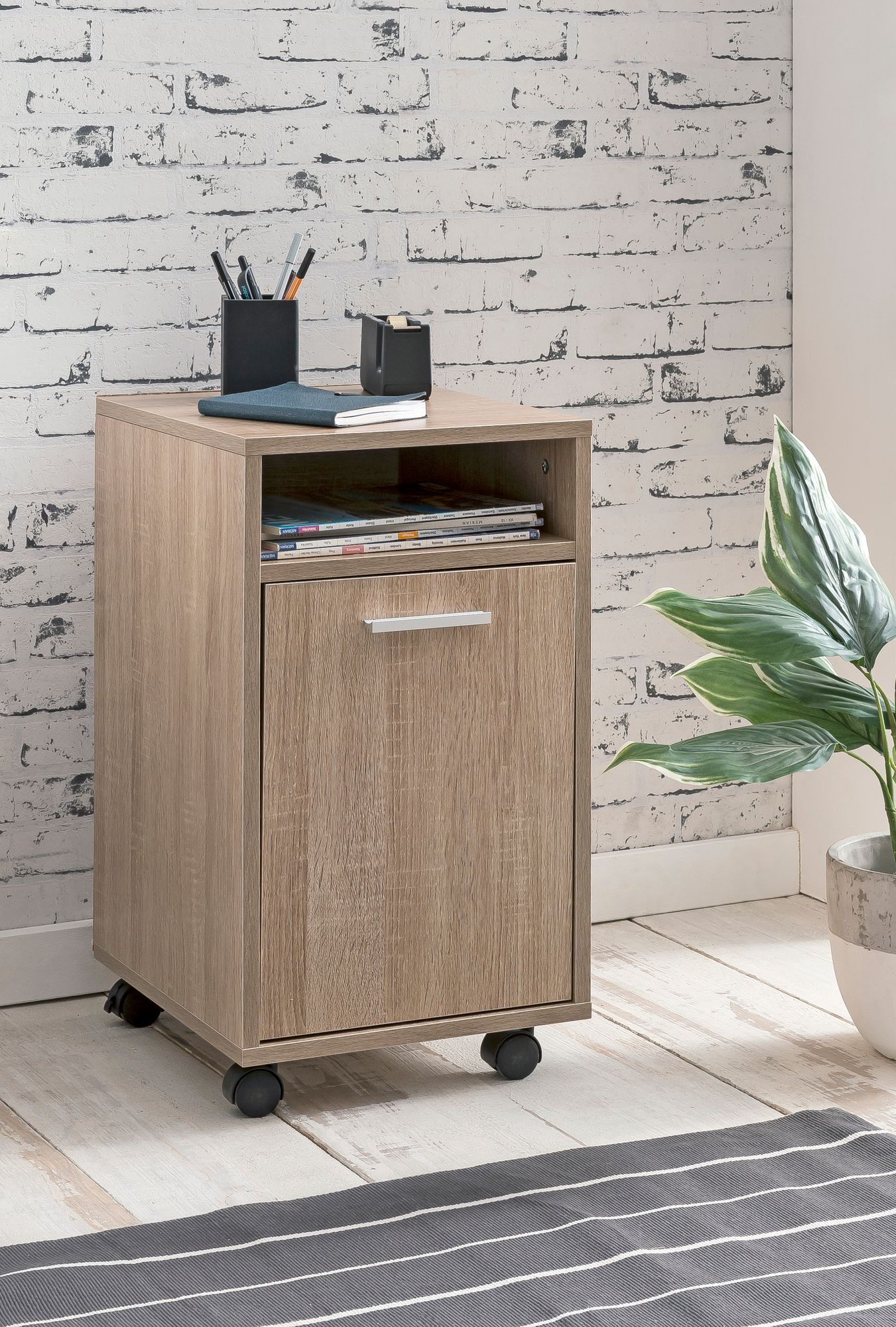 Rollcontainer Sonoma 33 mal 60 mal 38cm Schubladenschrank Buero Schreibtischcontainer mit Tuer und Ablage Buerocontainer mit Rollen Kleiner Schubladencontainer