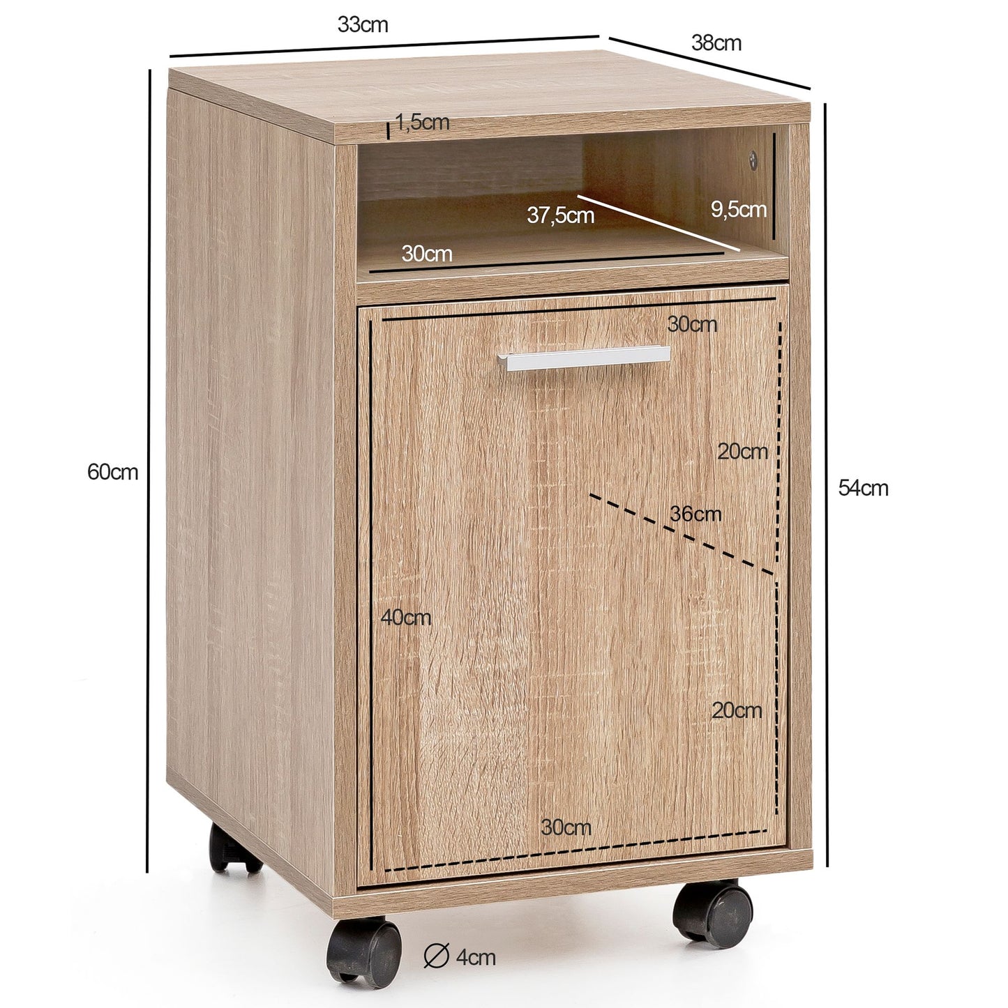 Rollcontainer Sonoma 33 mal 60 mal 38cm Schubladenschrank Buero Schreibtischcontainer mit Tuer und Ablage Buerocontainer mit Rollen Kleiner Schubladencontainer
