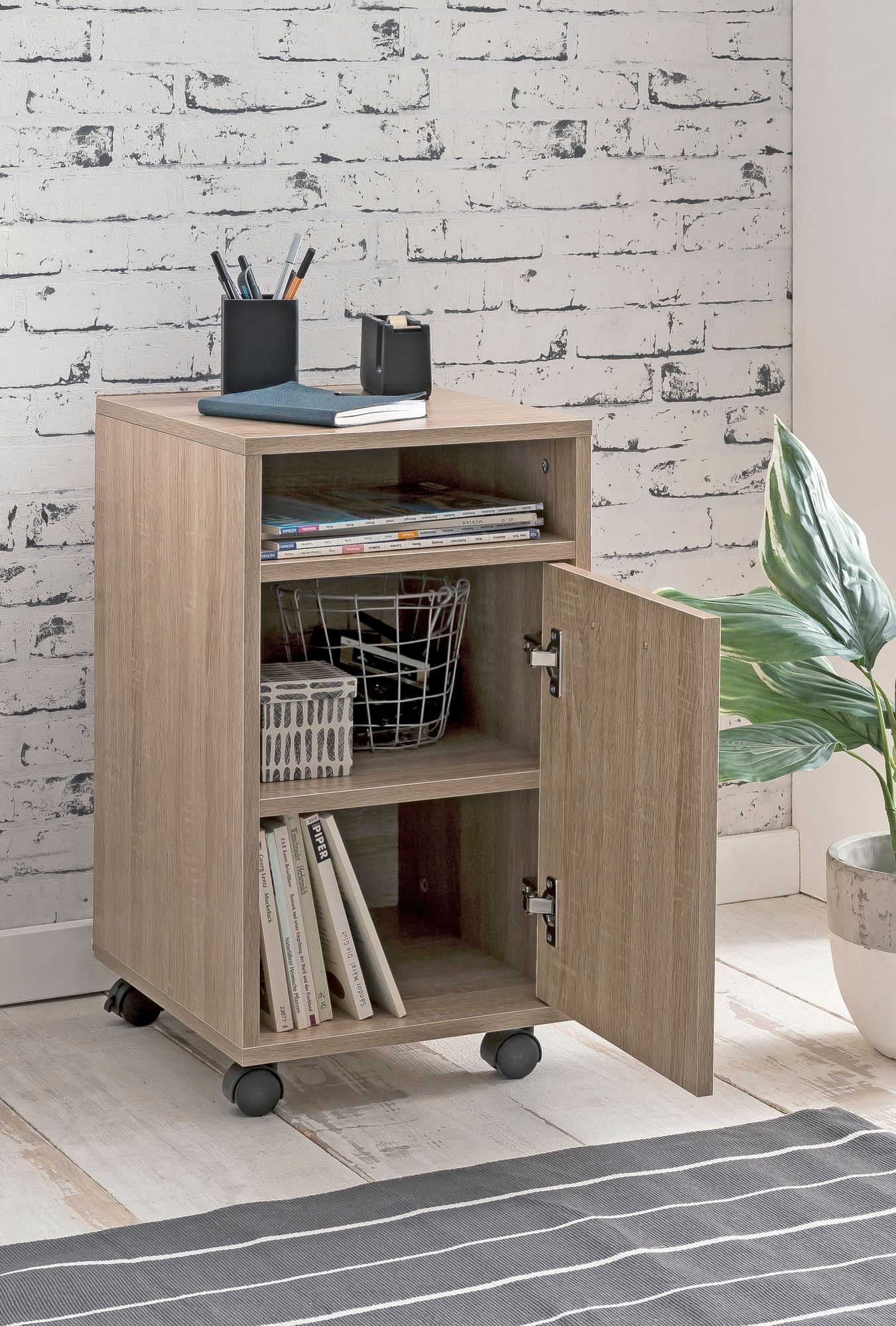 Rollcontainer Sonoma 33 mal 60 mal 38cm Schubladenschrank Buero Schreibtischcontainer mit Tuer und Ablage Buerocontainer mit Rollen Kleiner Schubladencontainer