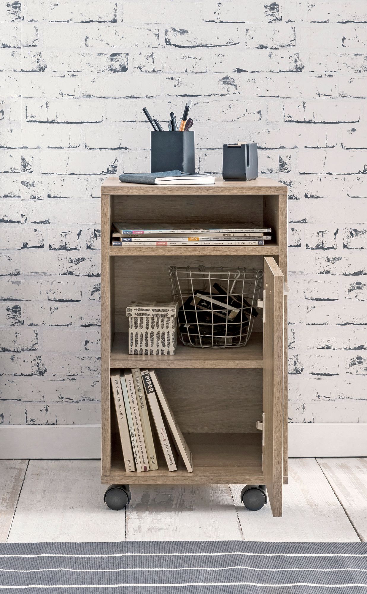 Rollcontainer Sonoma 33 mal 60 mal 38cm Schubladenschrank Buero Schreibtischcontainer mit Tuer und Ablage Buerocontainer mit Rollen Kleiner Schubladencontainer