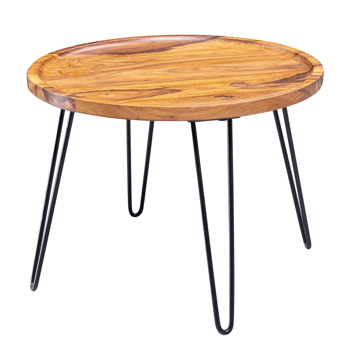 Couchtisch Sheesham Massivholz 60 mal 45 mal 60 cm Wohnzimmertisch Rund Sofatisch mit Haarnadelbeine Kaffeetisch aus Holz und Metall