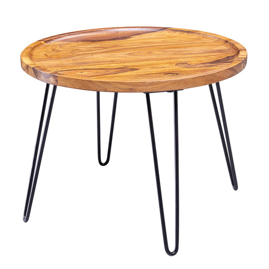 Couchtisch Sheesham Massivholz 60 mal 45 mal 60 cm Wohnzimmertisch Rund Sofatisch mit Haarnadelbeine Kaffeetisch aus Holz und Metall
