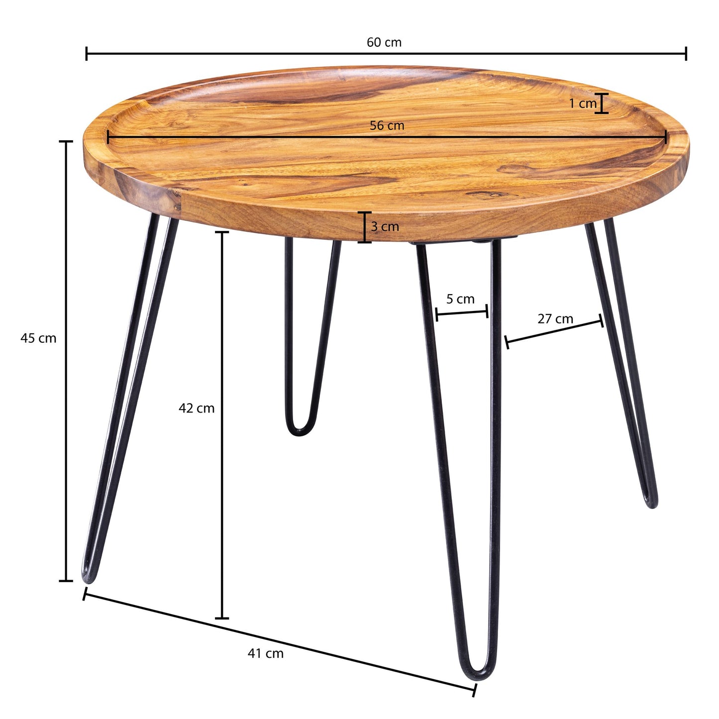 Couchtisch Sheesham Massivholz 60 mal 45 mal 60 cm Wohnzimmertisch Rund Sofatisch mit Haarnadelbeine Kaffeetisch aus Holz und Metall