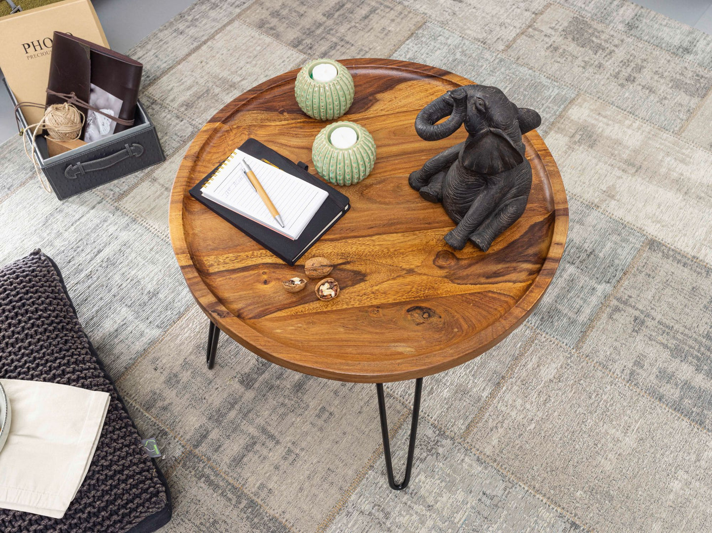 Couchtisch Sheesham Massivholz 60 mal 45 mal 60 cm Wohnzimmertisch Rund Sofatisch mit Haarnadelbeine Kaffeetisch aus Holz und Metall
