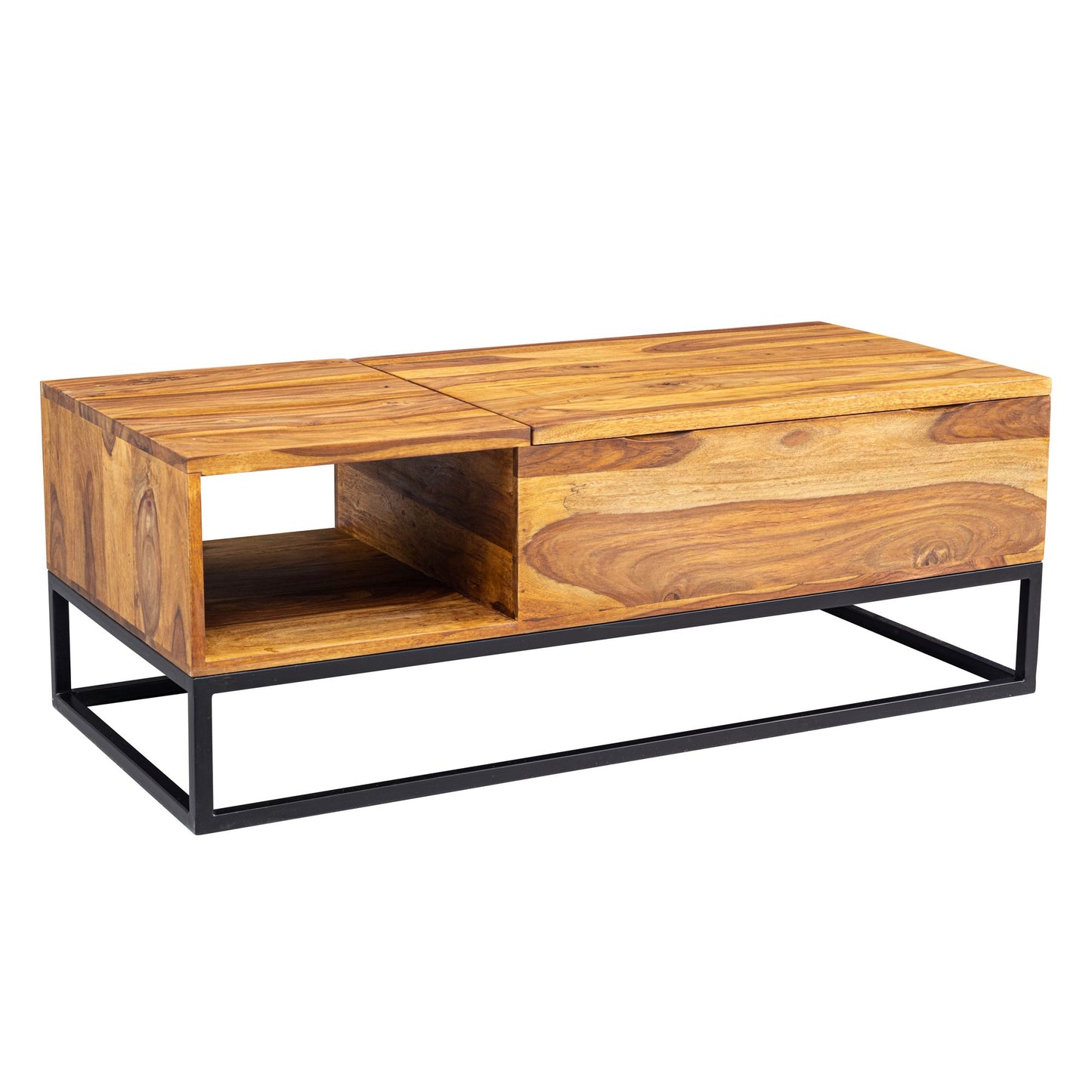Couchtisch Sheesham Massivholz 110 mal 40 mal 50 cm Sofatisch mit Metallbeinen Wohnzimmertisch Tischplatte aufklappbar Holztisch Tisch Industrial Design