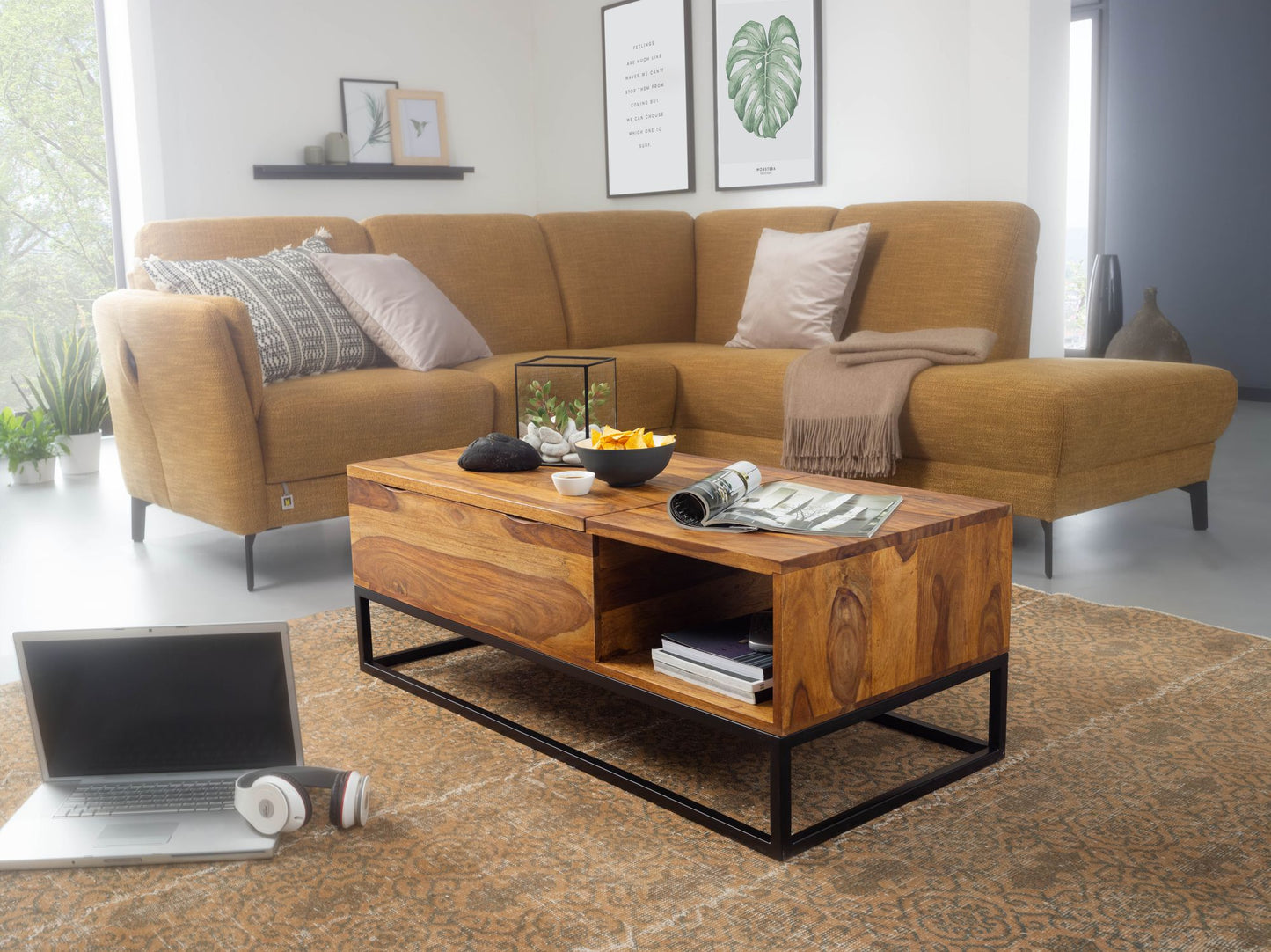 Couchtisch Sheesham Massivholz 110 mal 40 mal 50 cm Sofatisch mit Metallbeinen Wohnzimmertisch Tischplatte aufklappbar Holztisch Tisch Industrial Design