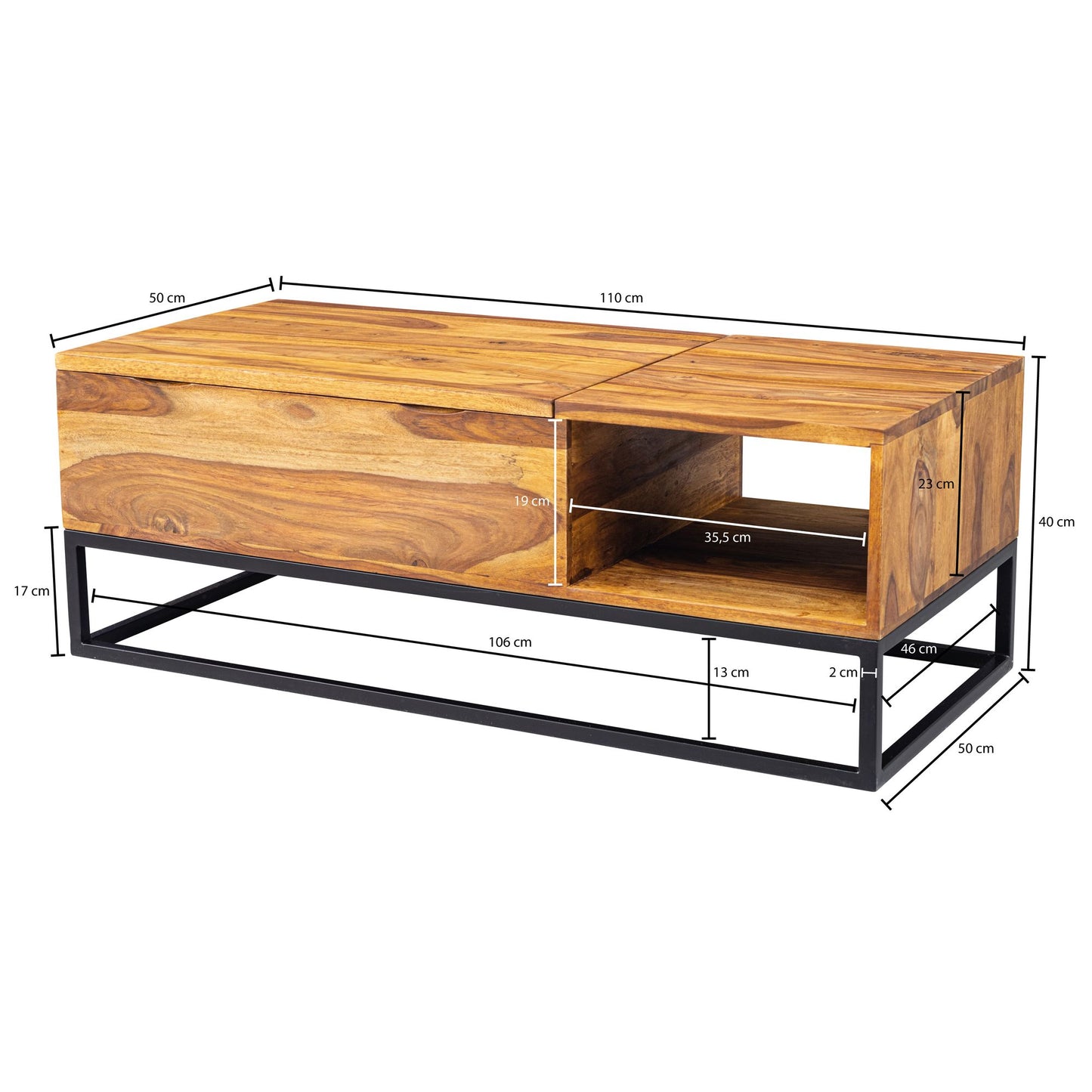 Couchtisch Sheesham Massivholz 110 mal 40 mal 50 cm Sofatisch mit Metallbeinen Wohnzimmertisch Tischplatte aufklappbar Holztisch Tisch Industrial Design