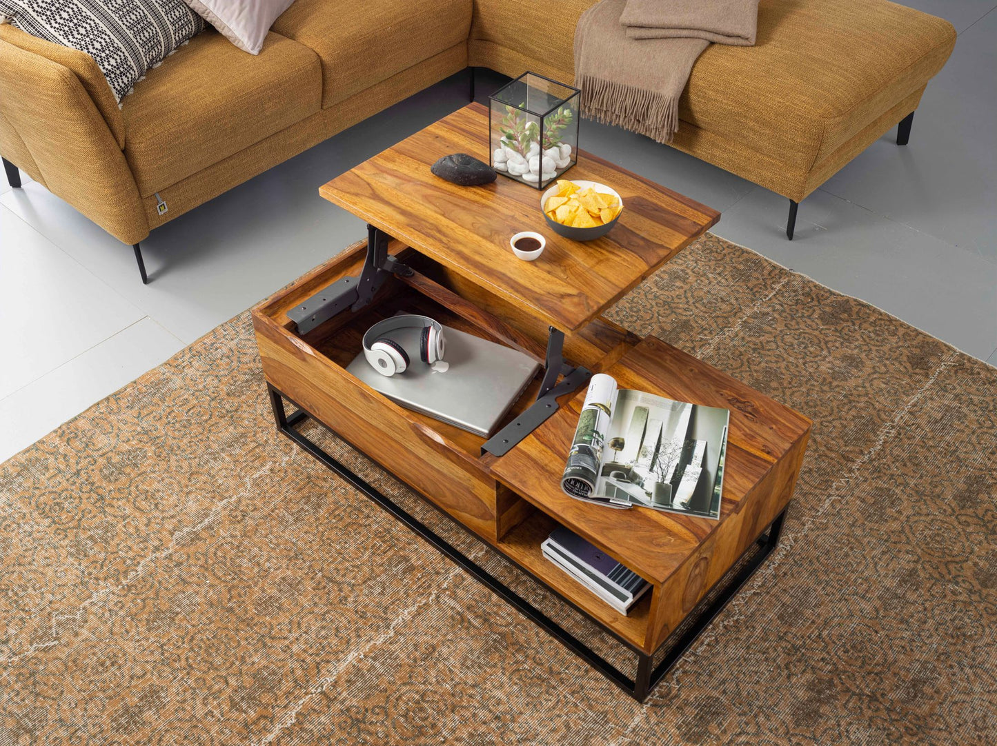 Couchtisch Sheesham Massivholz 110 mal 40 mal 50 cm Sofatisch mit Metallbeinen Wohnzimmertisch Tischplatte aufklappbar Holztisch Tisch Industrial Design