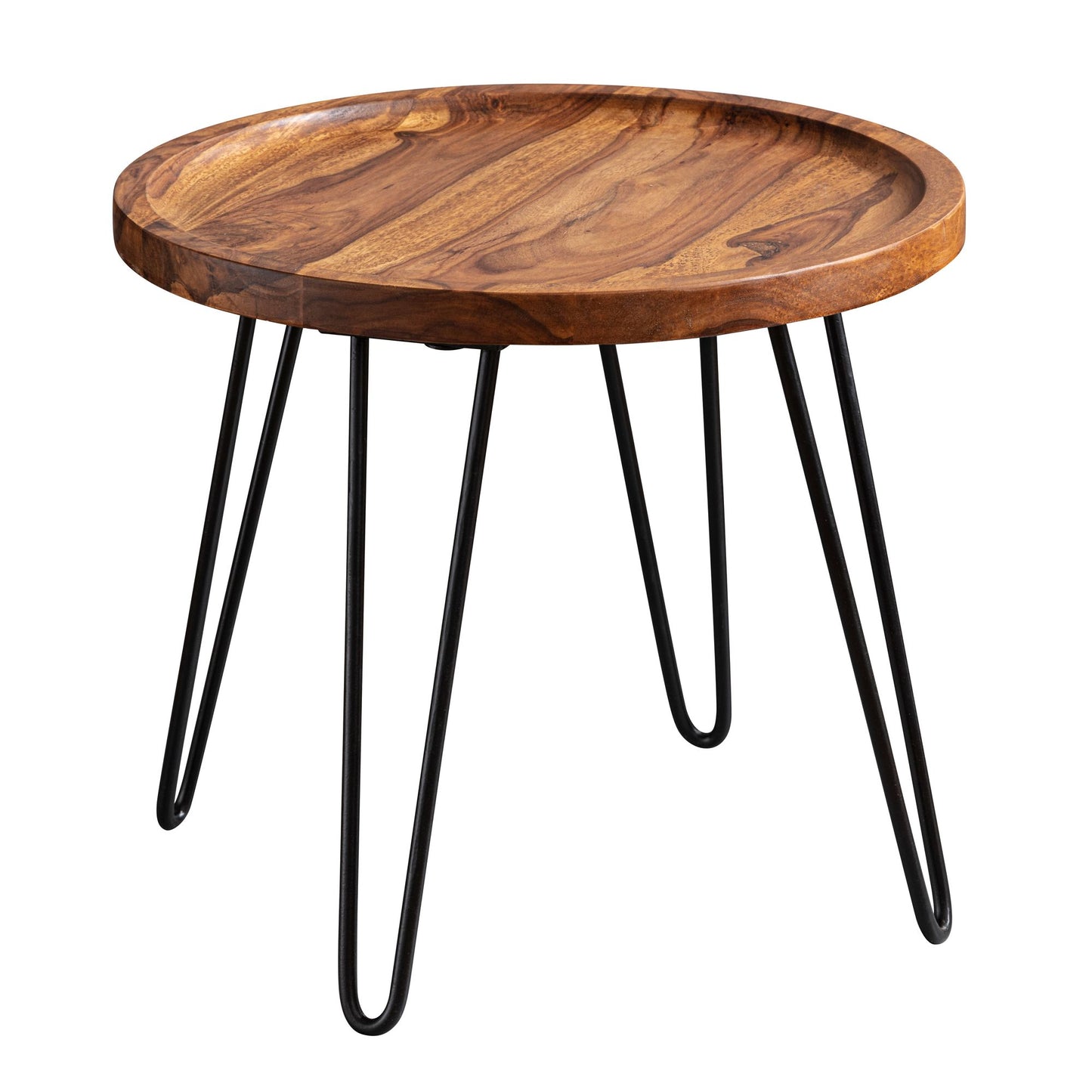 Couchtisch Sheesham Massivholz 45 mal 40 mal 45 cm Wohnzimmertisch Rund Sofatisch mit Haarnadelbeine Kaffeetisch aus Holz und Metall