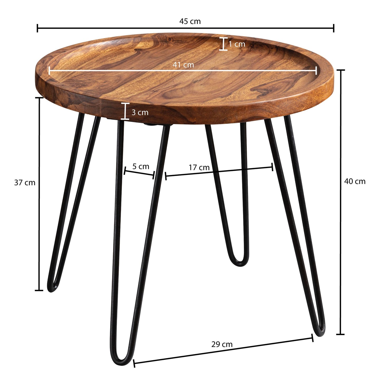 Couchtisch Sheesham Massivholz 45 mal 40 mal 45 cm Wohnzimmertisch Rund Sofatisch mit Haarnadelbeine Kaffeetisch aus Holz und Metall