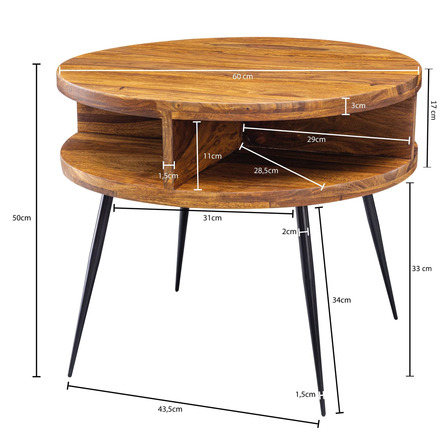 Couchtisch Sheesham Massivholz Metall 60 mal 45 mal 60 cm Tisch Wohnzimmer Design Beistelltisch mit Ablage Kleiner Wohnzimmertisch Rund Braun