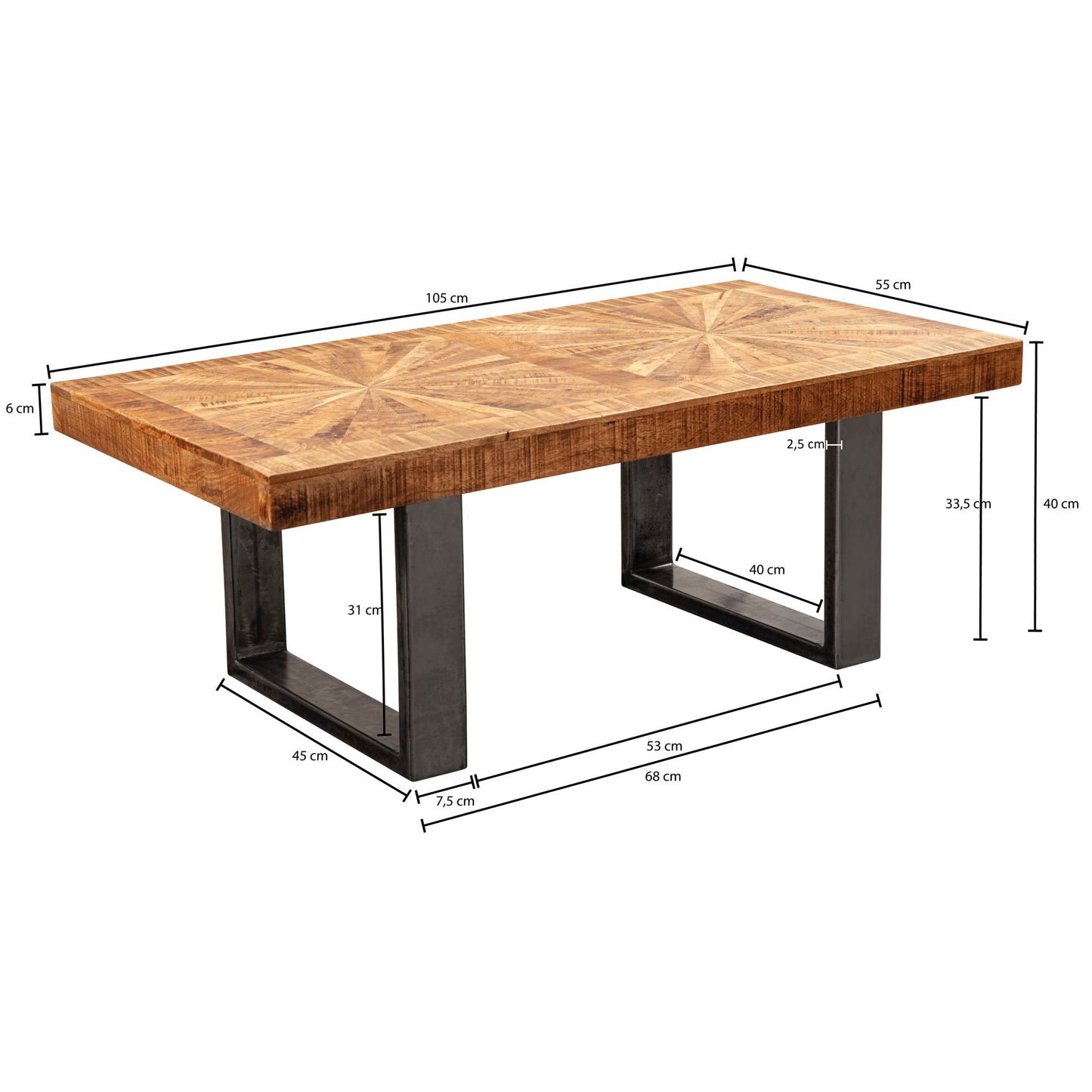 Moderner Couchtisch Mango Massivholz 105 mal 40 mal 55 cm Tisch im Industrial Design Sofatisch mit Holz und Metall Wohnzimmertisch Rustikal