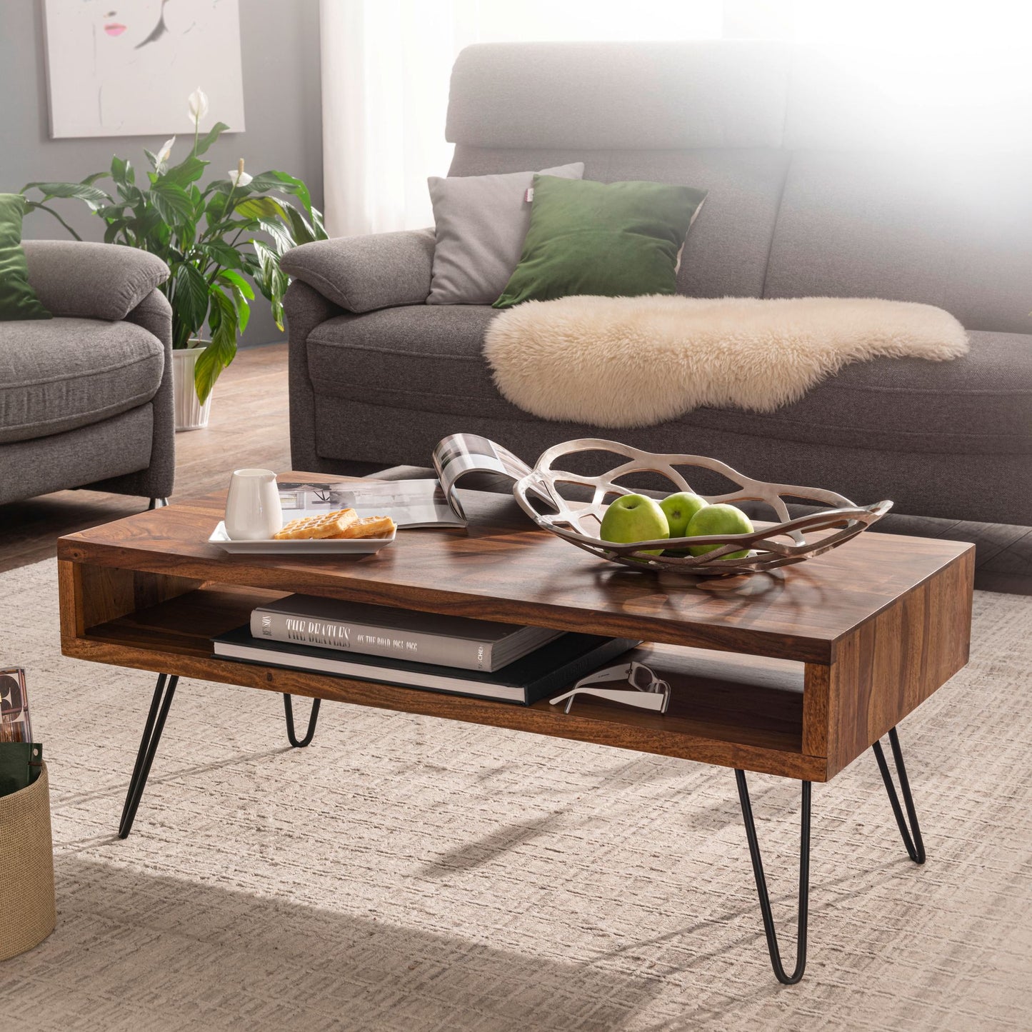 Couchtisch 100 mal 40 mal 50 cm Sheesham Massivholz Metall Sofatisch Design Wohnzimmertisch Rechteckig Kaffeetisch Massiv Grosser Tisch Wohnzimmer