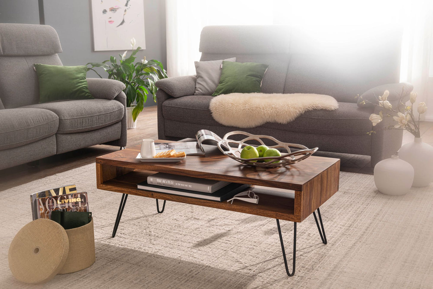 Couchtisch 100 mal 40 mal 50 cm Sheesham Massivholz Metall Sofatisch Design Wohnzimmertisch Rechteckig Kaffeetisch Massiv Grosser Tisch Wohnzimmer