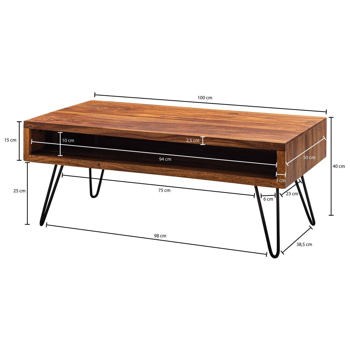 Couchtisch 100 mal 40 mal 50 cm Sheesham Massivholz Metall Sofatisch Design Wohnzimmertisch Rechteckig Kaffeetisch Massiv Grosser Tisch Wohnzimmer