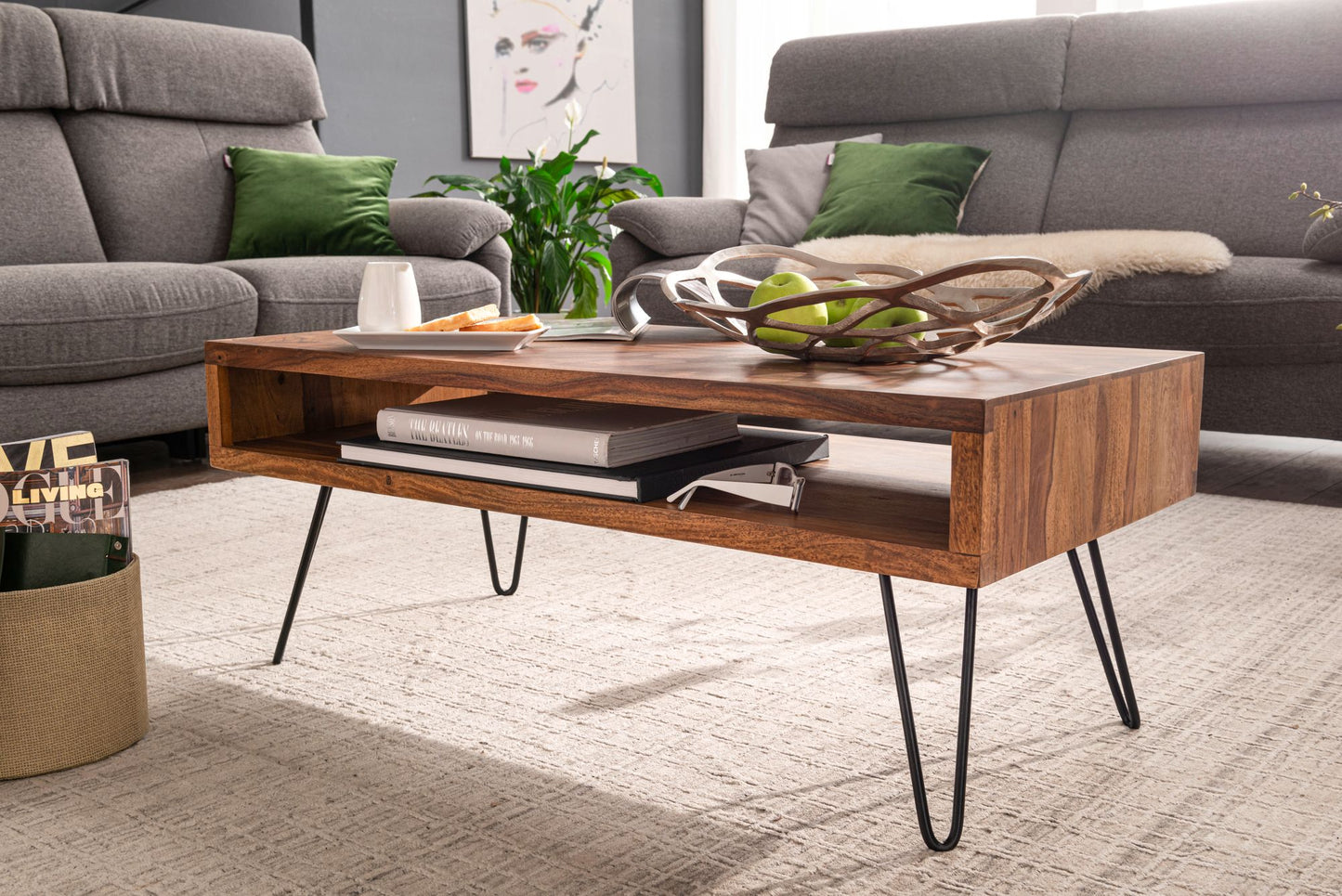 Couchtisch 100 mal 40 mal 50 cm Sheesham Massivholz Metall Sofatisch Design Wohnzimmertisch Rechteckig Kaffeetisch Massiv Grosser Tisch Wohnzimmer