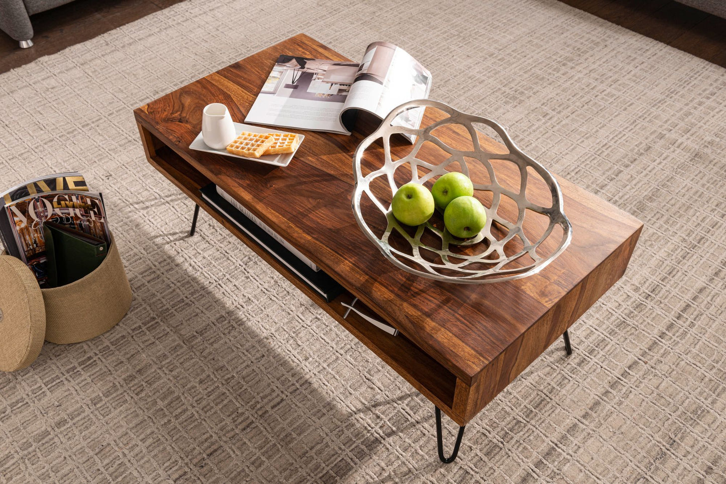 Couchtisch 100 mal 40 mal 50 cm Sheesham Massivholz Metall Sofatisch Design Wohnzimmertisch Rechteckig Kaffeetisch Massiv Grosser Tisch Wohnzimmer