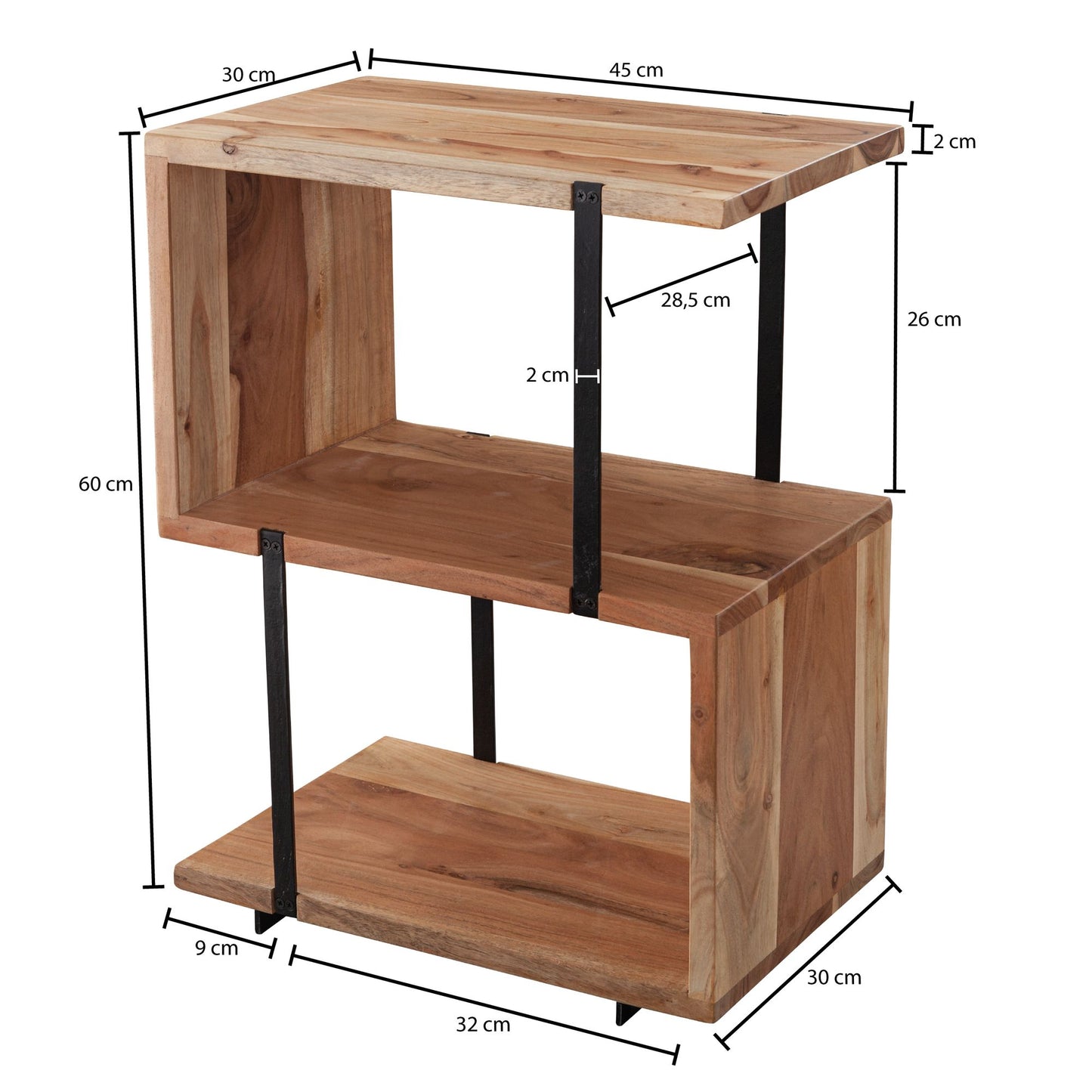 Beistelltisch S Form 45 mal 60 mal 30cm Akazie Metall Ablagetisch Tischchen Wohnzimmer Industrial Holztisch mit Metallbeinen Dekotisch Holz