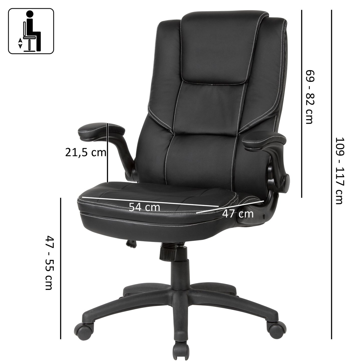 Schreibtischstuhl Bezug Kunstleder Schwarz Buerodrehstuhl bis 120 kg Design Drehstuhl Hoehenverstellbar Buerosessel mit klappbaren Armlehnen und hoher Rueckenlehne
