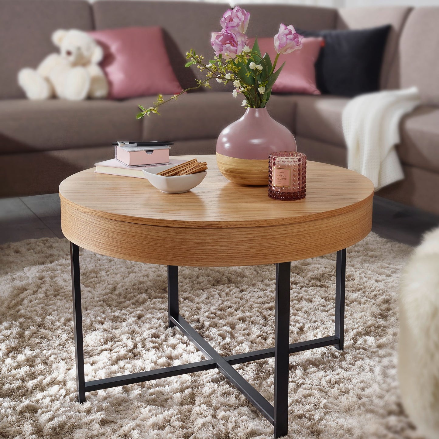 Design Couchtisch Rund Ø 69 cm mit Eichen Optik Tisch mit Stauraum Lounge Wohnzimmertisch mit Metallbeine MDF Beistelltisch