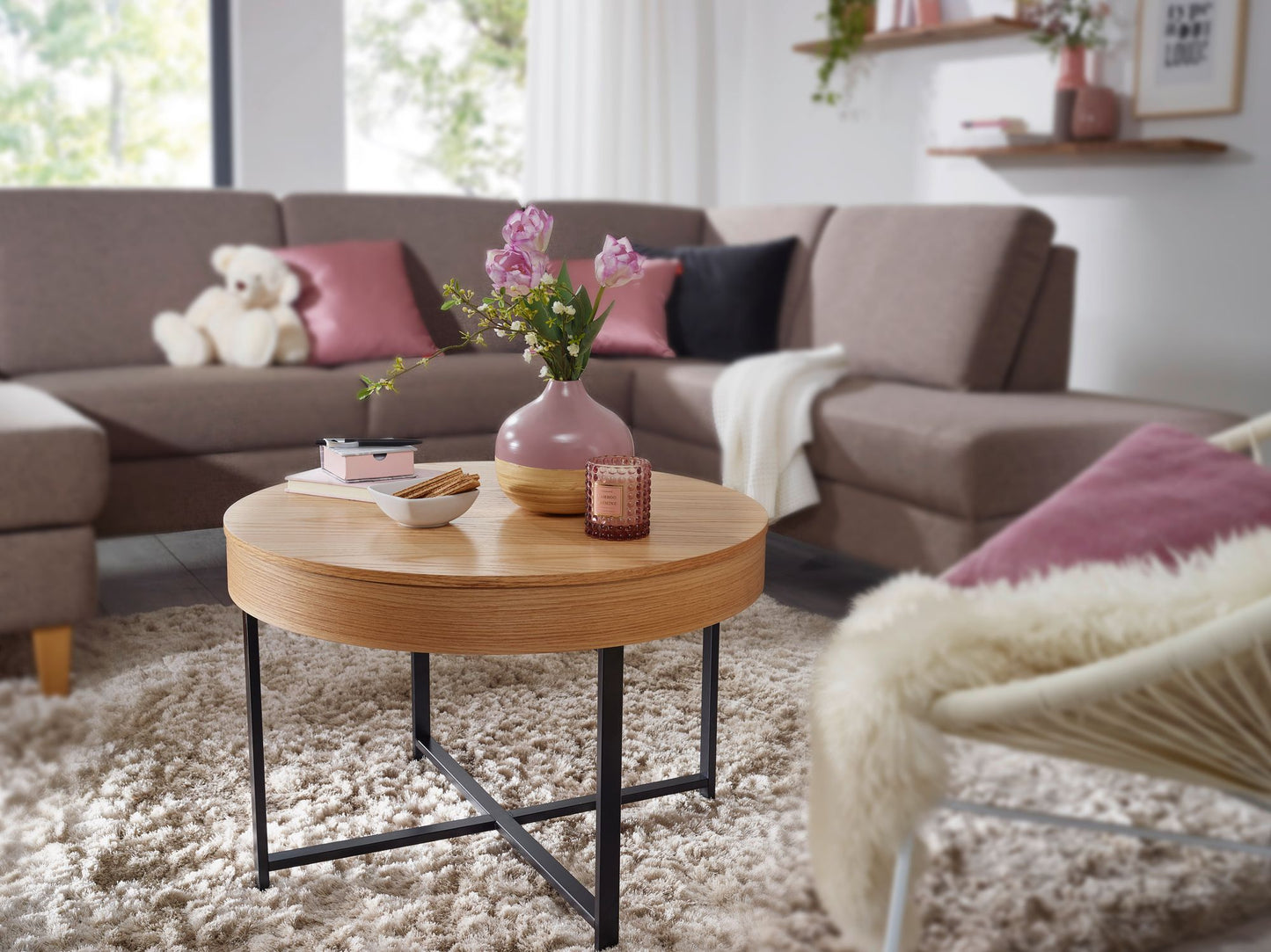 Design Couchtisch Rund Ø 69 cm mit Eichen Optik Tisch mit Stauraum Lounge Wohnzimmertisch mit Metallbeine MDF Beistelltisch