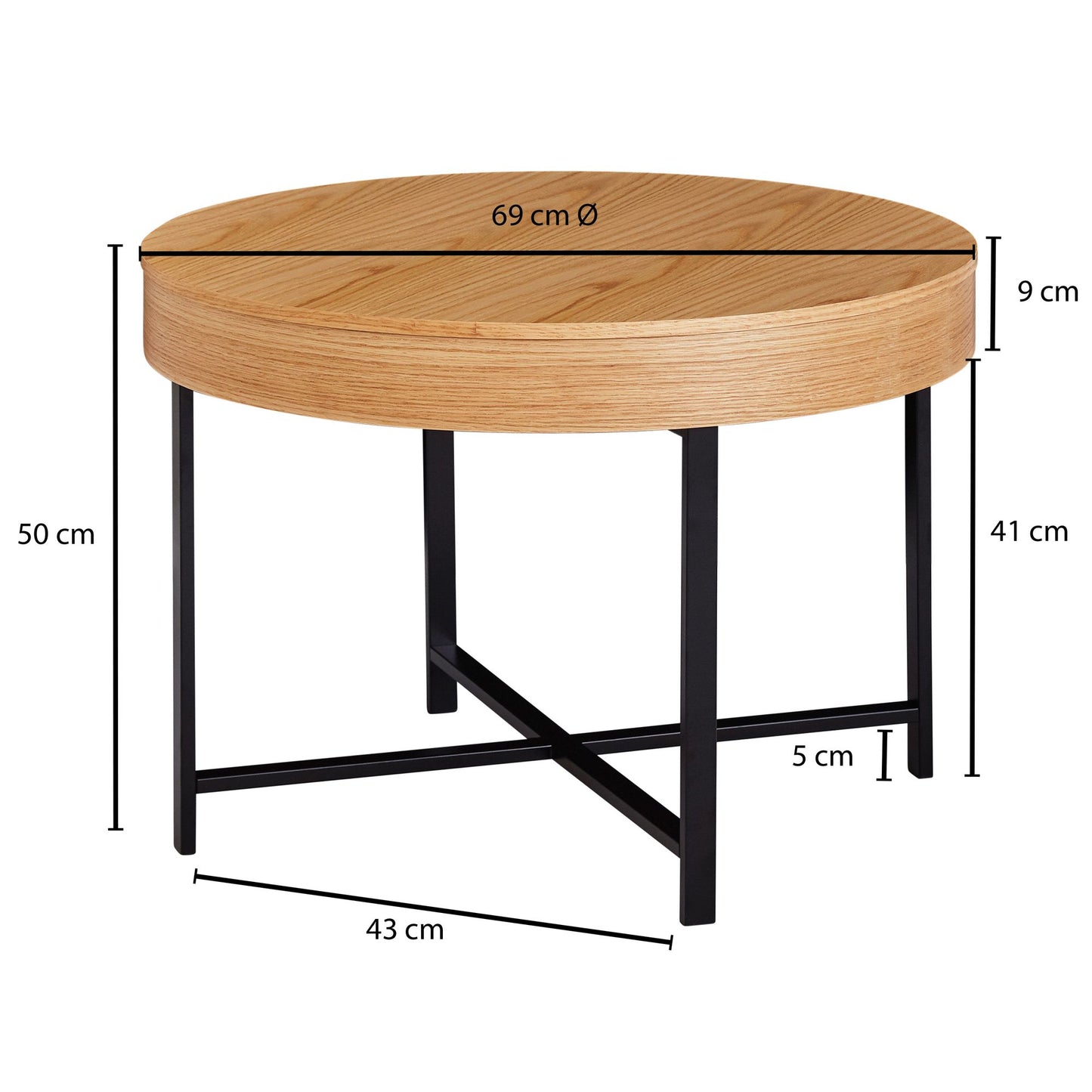Design Couchtisch Rund Ø 69 cm mit Eichen Optik Tisch mit Stauraum Lounge Wohnzimmertisch mit Metallbeine MDF Beistelltisch