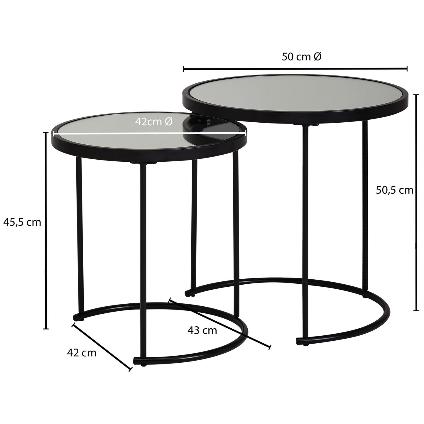 Design Beistelltisch Rund Ø 50 42 cm   2 teilig Schwarz mit Spiegel Glas Wohnzimmertisch 2er Set Satztisch verspiegelt Couchtisch