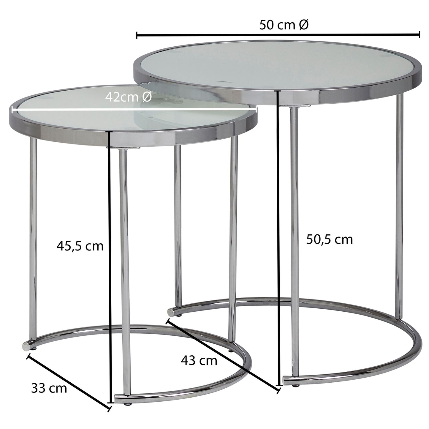 Design Beistelltisch Rund Ø 50 42 cm   2 teilig Weiss Silber mit Glasplatte Wohnzimmertisch 2er Set Satztisch Milchglas Couchtisch