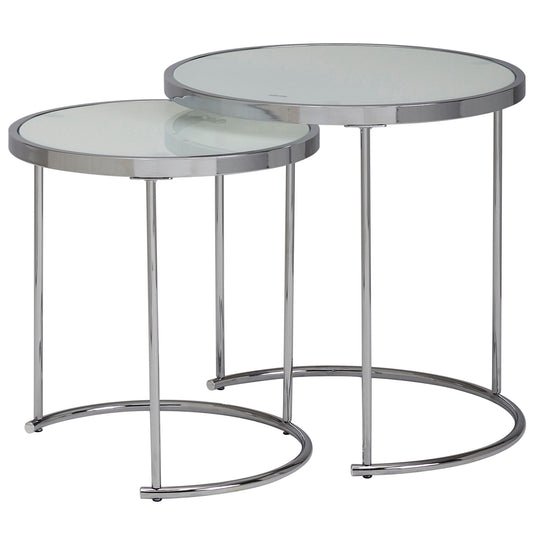 Design Beistelltisch Rund Ø 50 42 cm   2 teilig Weiss Silber mit Glasplatte Wohnzimmertisch 2er Set Satztisch Milchglas Couchtisch