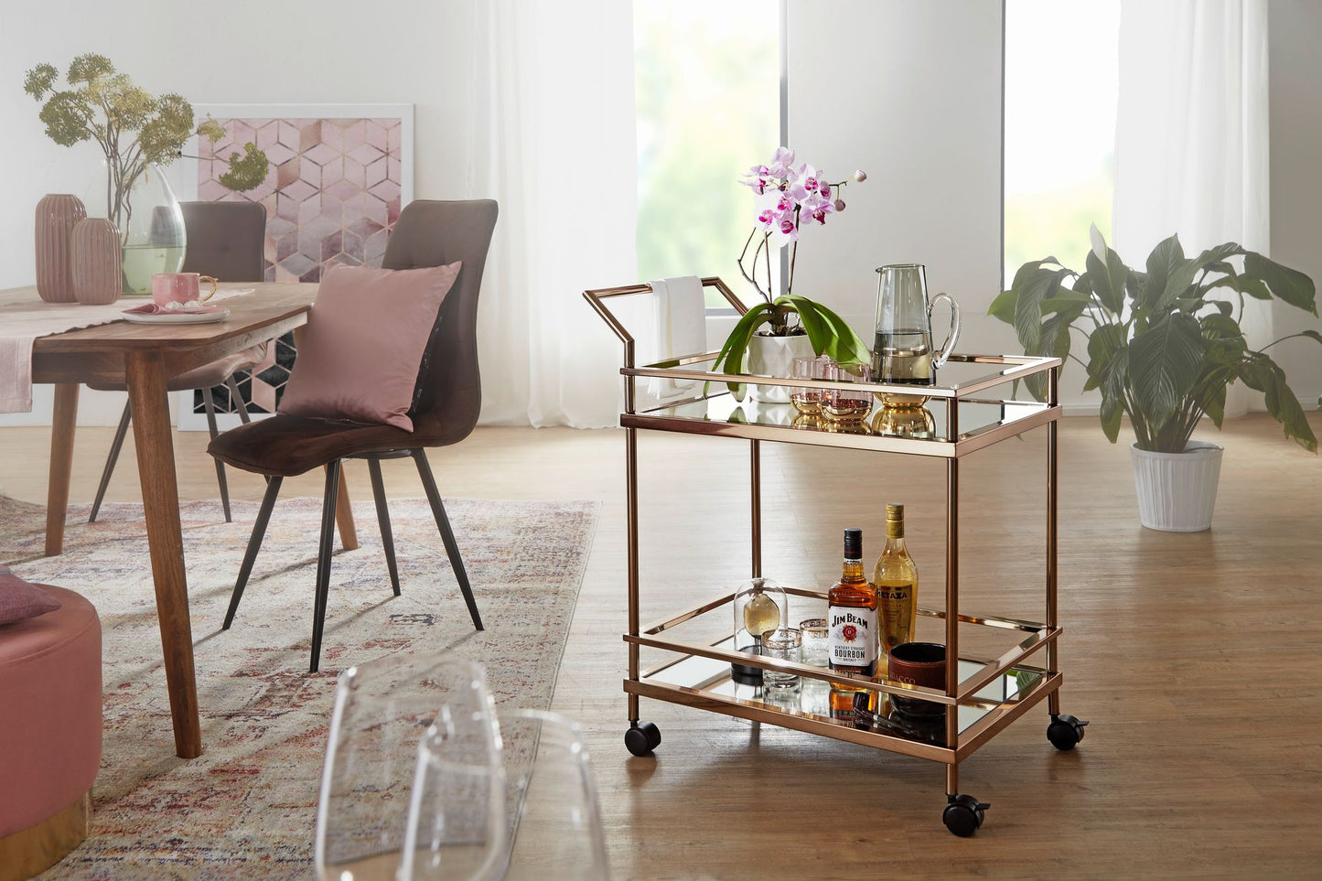 Design Servierwagen Dunkles Gold 2 Ebenen mit Bremsen Beistelltisch auf Rollen Speisewagen mit Glasplatte Kuechenwagen Teewagen