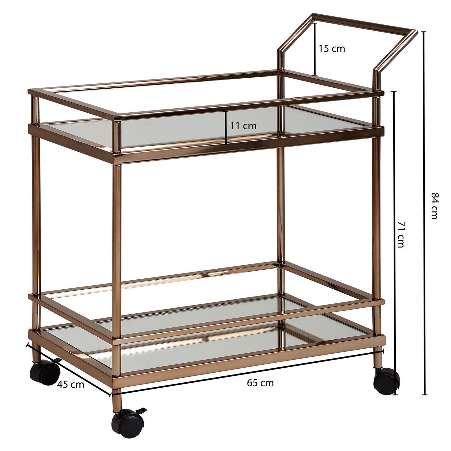 Design Servierwagen Dunkles Gold 2 Ebenen mit Bremsen Beistelltisch auf Rollen Speisewagen mit Glasplatte Kuechenwagen Teewagen