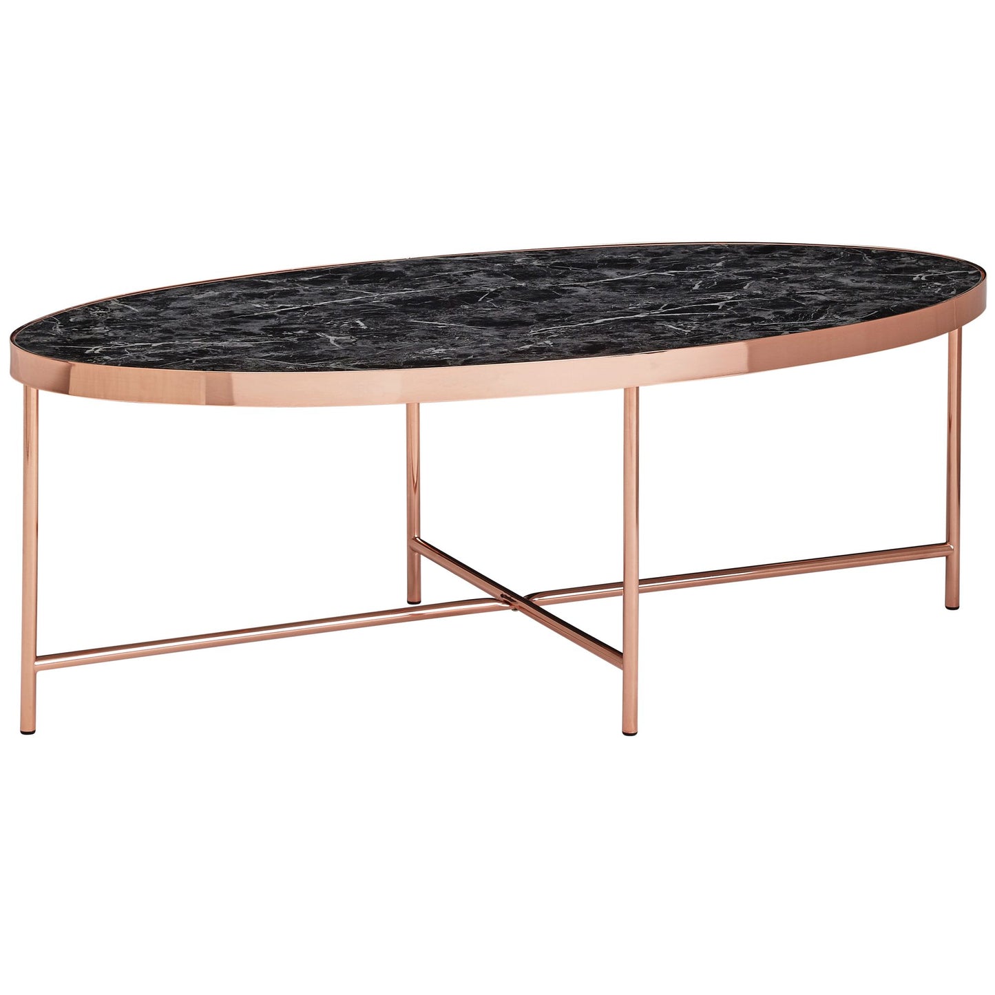 Design Couchtisch Marmor Optik Schwarz   Oval 110 mal 56 cm mit Kupfer Metallgestell Grosser Wohnzimmertisch Lounge Tisch