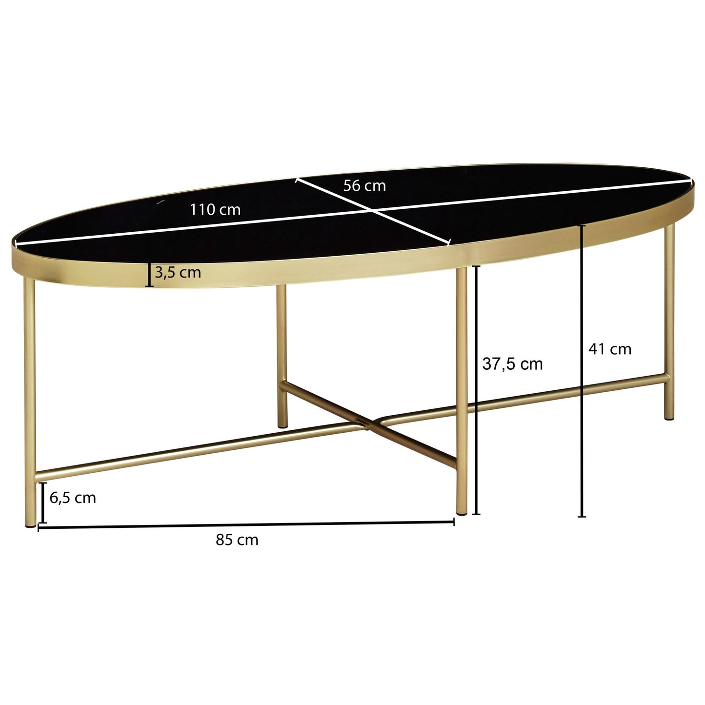 Design Couchtisch Glas Schwarz   Oval 110 mal 56 cm mit Gold Metallgestell Grosser Wohnzimmertisch Lounge Tisch Glastisch