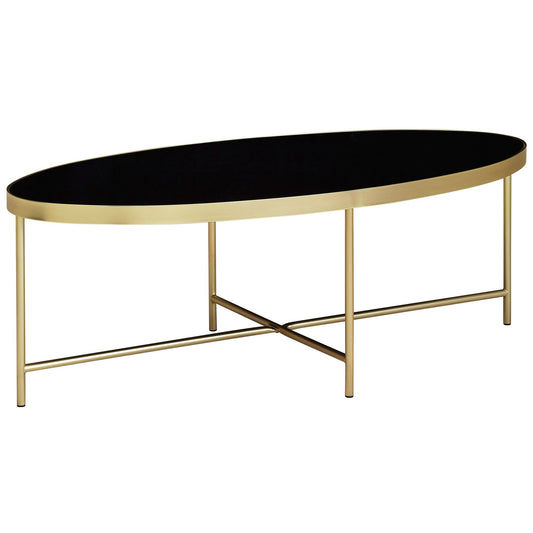 Design Couchtisch Glas Schwarz   Oval 110 mal 56 cm mit Gold Metallgestell Grosser Wohnzimmertisch Lounge Tisch Glastisch