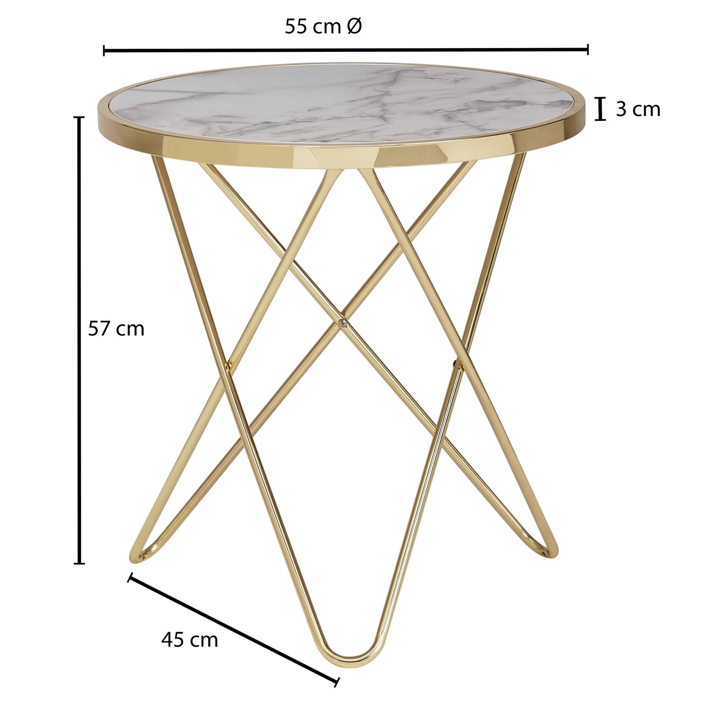 Design Beistelltisch Marmor Optik Weiss Rund Ø55 cm Gold Metallgestell Kleiner Wohnzimmertisch Couchtisch