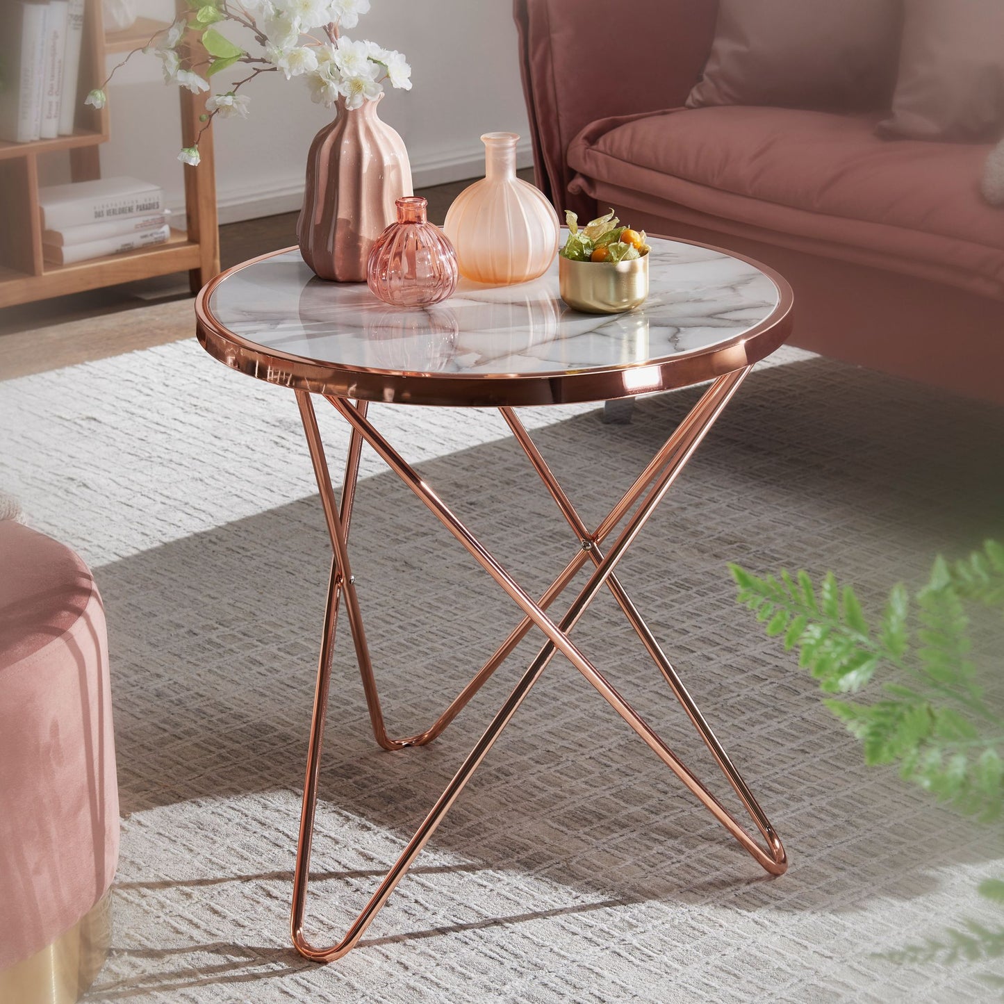 Design Beistelltisch Marmor Optik Weiss Rund Ã˜55 cm Kupfer Metall Gestell Kleiner Wohnzimmertisch Couchtisch