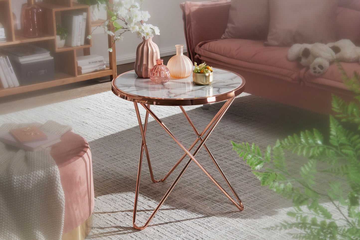 Design Beistelltisch Marmor Optik Weiss Rund Ã˜55 cm Kupfer Metall Gestell Kleiner Wohnzimmertisch Couchtisch