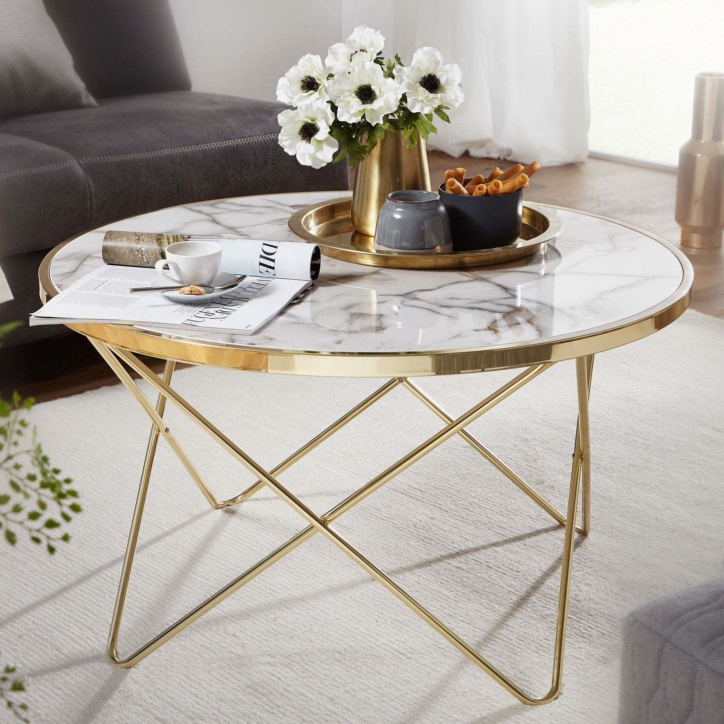 Design Couchtisch Marmor Optik Weiss Rund Ø 85 cm Gold Metall Gestell Grosser Wohnzimmertisch Beistelltisch