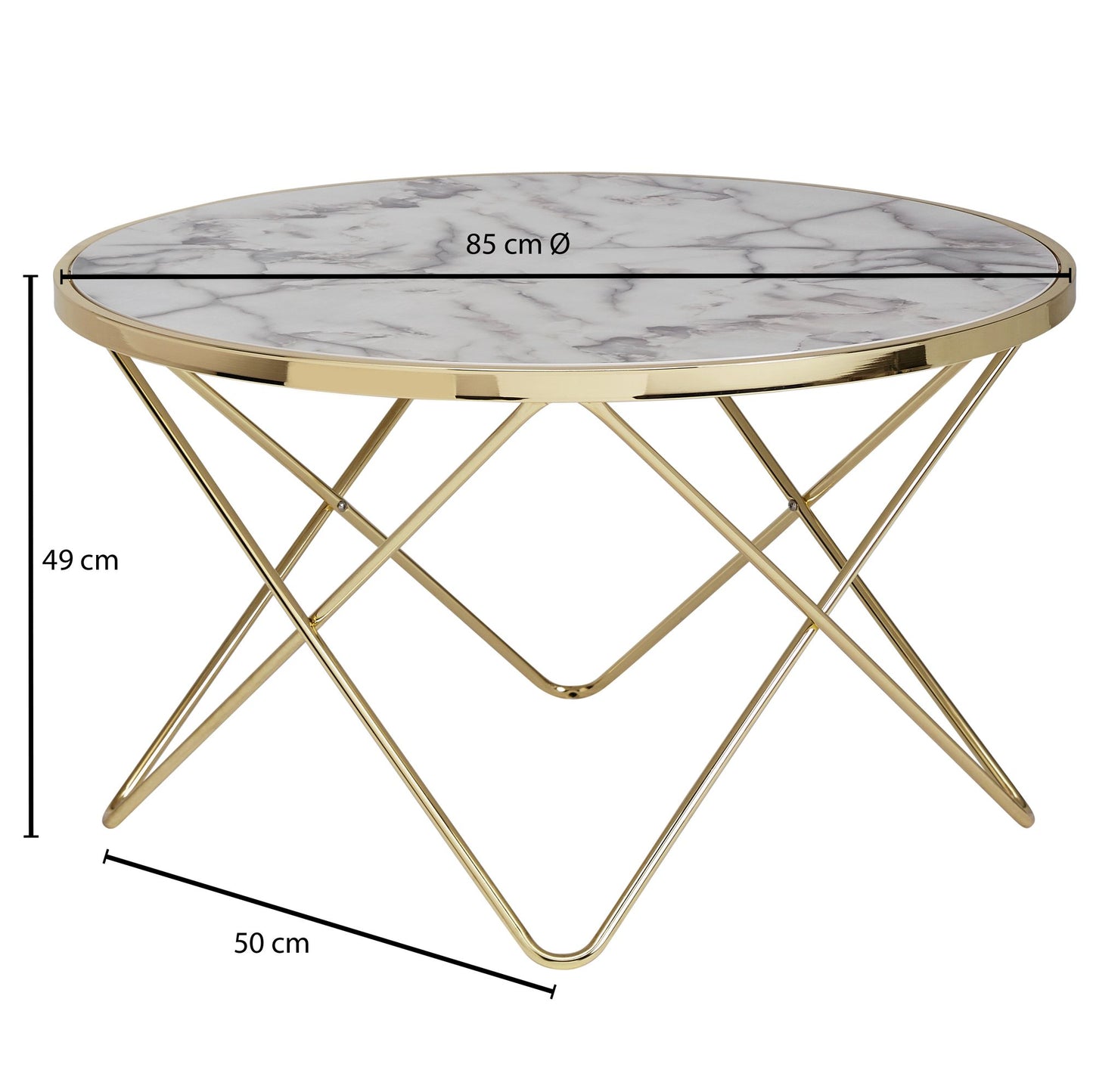 Design Couchtisch Marmor Optik Weiss Rund Ø 85 cm Gold Metall Gestell Grosser Wohnzimmertisch Beistelltisch