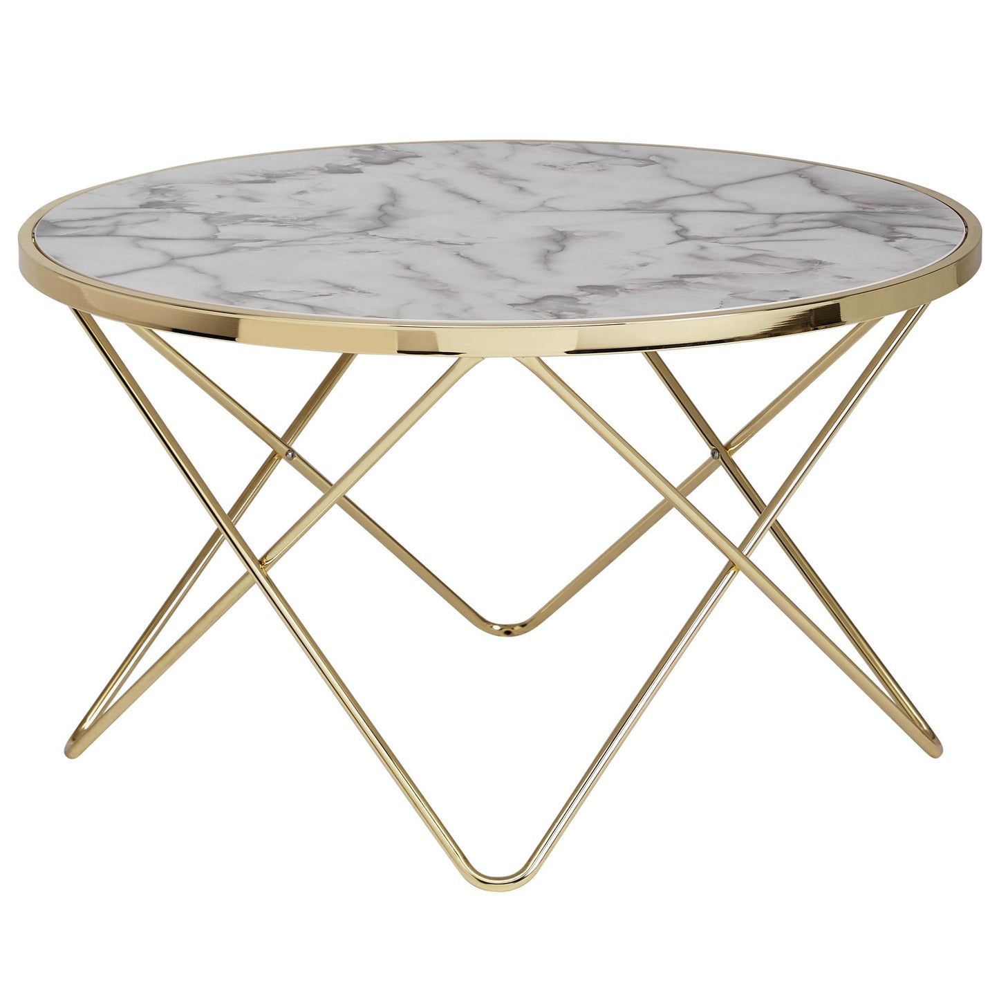 Design Couchtisch Marmor Optik Weiss Rund Ø 85 cm Gold Metall Gestell Grosser Wohnzimmertisch Beistelltisch