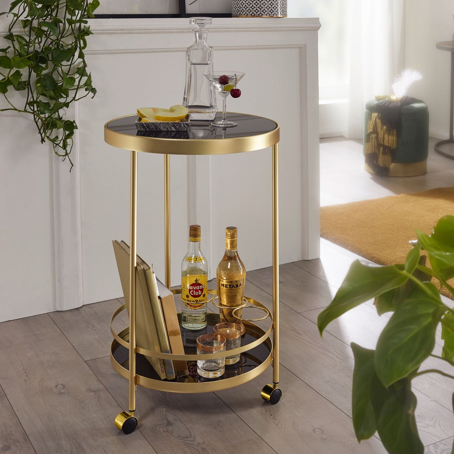 Design Servierwagen Gold Rund Ø 45cm 2 Ebenen Beistelltisch auf Rollen mit Glasplatte Schwarz Speisewagen Kuechenwagen Teewagen