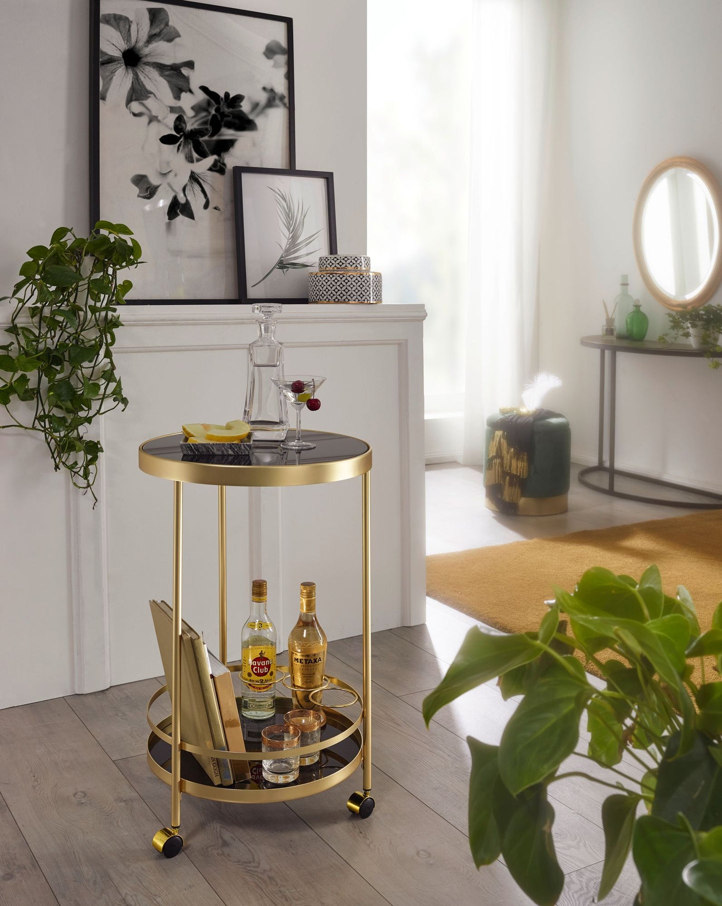 Design Servierwagen Gold Rund Ø 45cm 2 Ebenen Beistelltisch auf Rollen mit Glasplatte Schwarz Speisewagen Kuechenwagen Teewagen